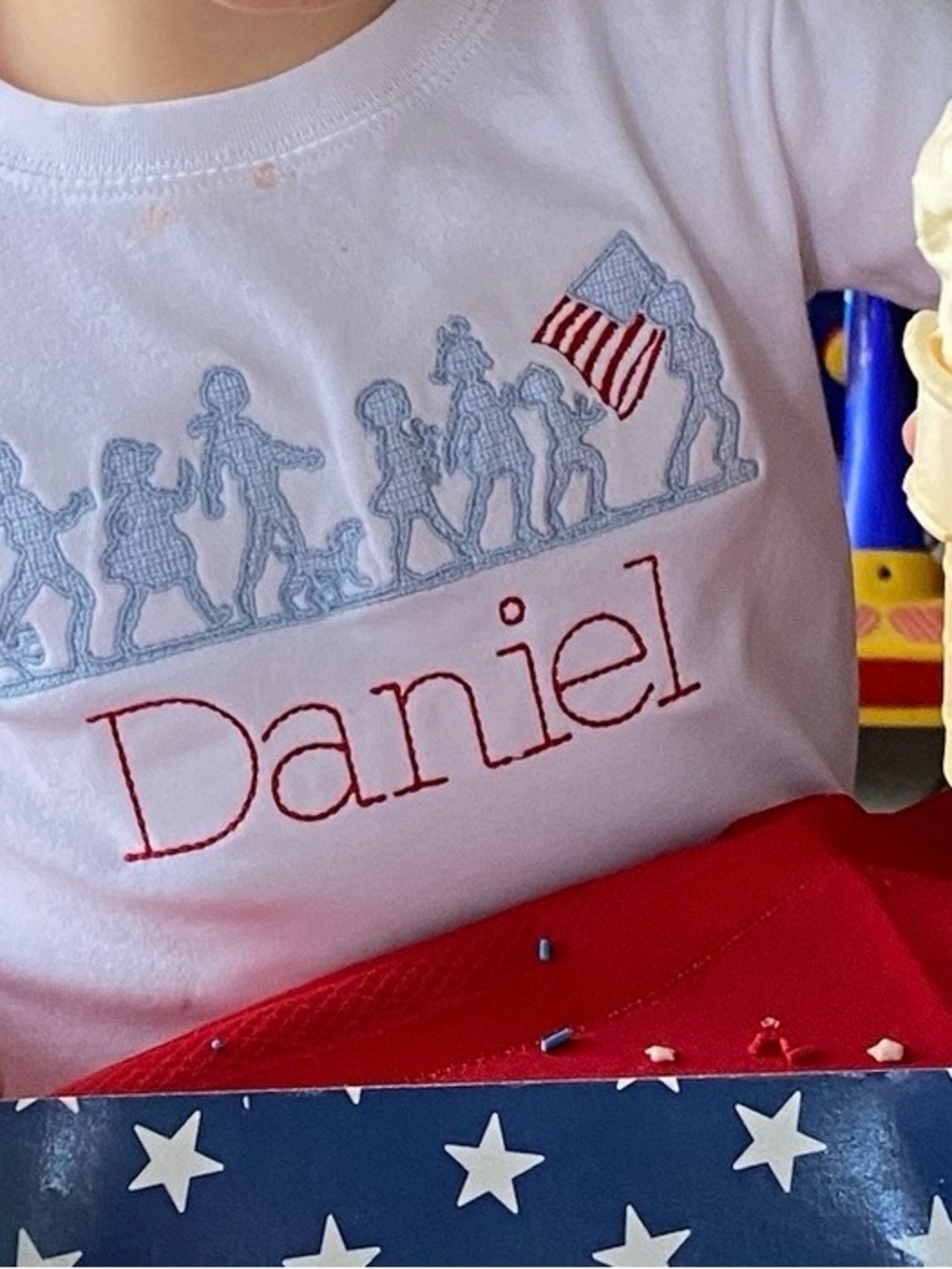 Personalized White Kids' Shirt with Light Blue Embroidery and Red Name 4T